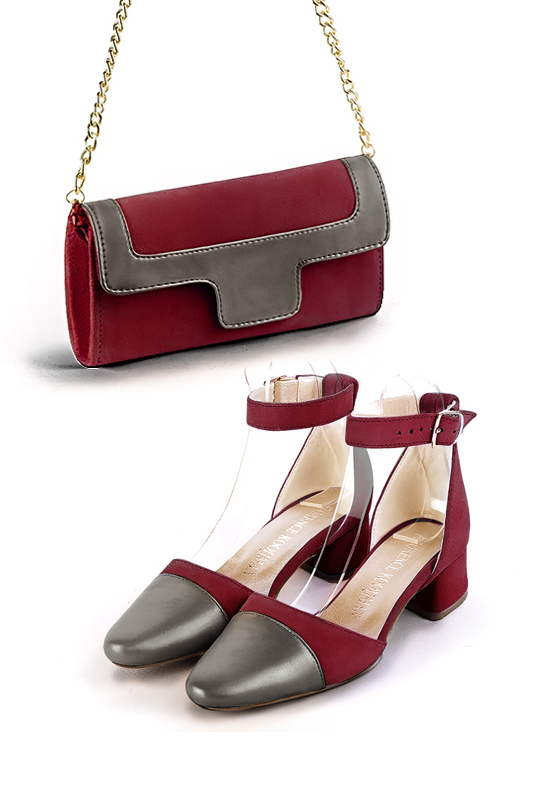 Taupe brown and burgundy red women's open side shoes, with a strap around the ankle. Round toe. Low flare heels. Top view - Florence KOOIJMAN